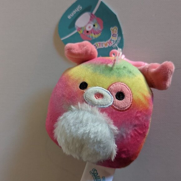 NWT 3.5" Shena Pink Tye Die Dog Purse Clip Squishmallows Fuzzy Puppy Rainbow NEW - Picture 2 of 7